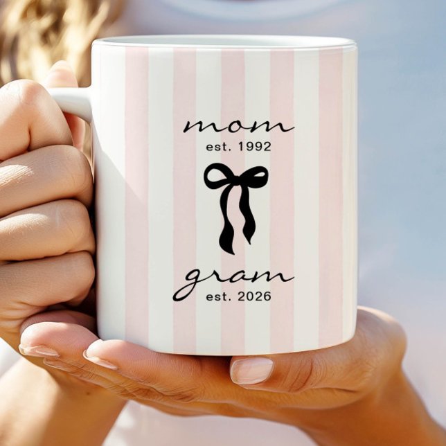 Mom to Gram Mug Pink Bow Stripes (Creator Uploaded)