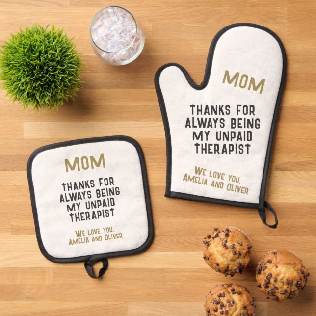 Mom Unpaid Therapist Funny Humour Mother's Day Oven Mitt & Pot Holder Set (Top Down)
