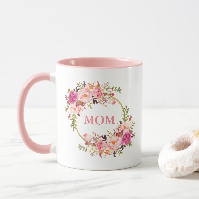 Mom Watercolor Floral Pink Gold Mug (With Donut)