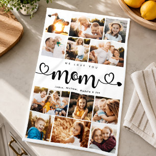 Mom We Love you Hearts Modern Photo Collage Kitchen Towel