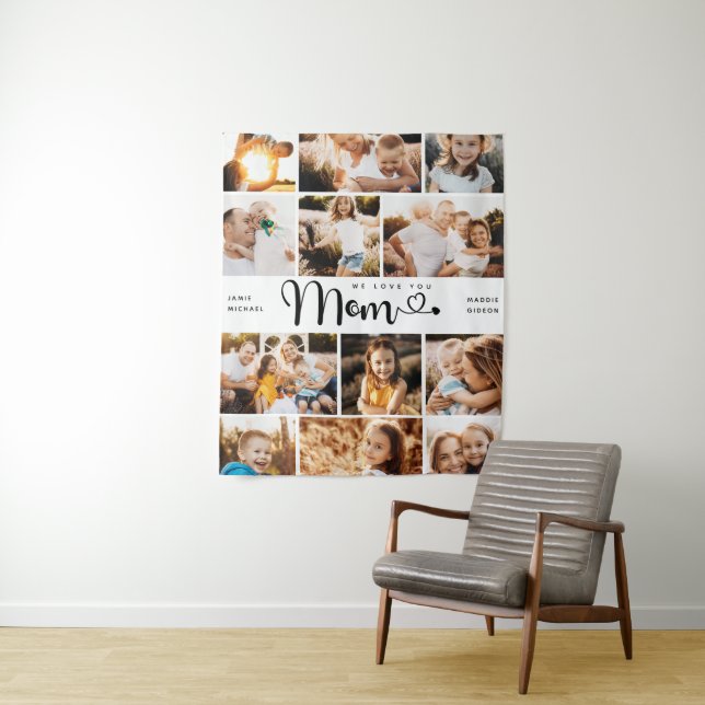  Mom We Love you Hearts Modern Photo Collage Tapestry (In Situ)