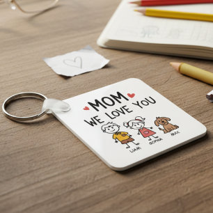 Mom We Love You Kids and Dog Family Names Keychain