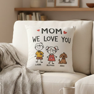 Mom We Love You Kids and Dog Family Names Throw Pillow