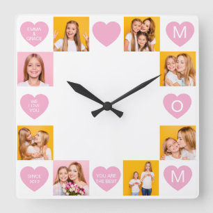 Mom We Love You Kids Names 8 Photo Collage Heart Square Wall Clock