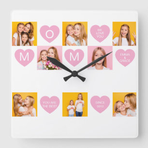 Mom We Love You Kids Names 8 Photo Collage Heart Square Wall Clock