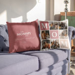 Mom We Love You | Modern 6 Photo Colour Block  Throw Pillow<br><div class="desc">Customize this unique tote bag with 6 square photos arranged in a grid collage layout. Featuring "Mom" going diagonal on ombre pink squares. Room on the back to add your personalized message. All colours can be changed. Whether it's her birthday, Mother's Day, Christmas or another special occasion, surprise mom with...</div>