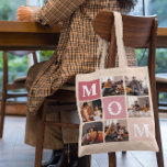 Mom We Love You | Modern 6 Photo Colour Block  Tote Bag<br><div class="desc">Customize this unique tote bag with 6 square photos arranged in a grid collage layout. Featuring "Mom" going diagonal on ombre pink squares and additional square on the bottom for a custom message. Keep "we love you" as is or change to your custom endearment. All colours can be changed. Whether...</div>