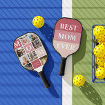 Mom We Love You | Modern 8 Photo Colour Block  Pickleball Paddle<br><div class="desc">Customize this unique pickleball paddle with 8 square photos arranged in a grid collage layout. Featuring "Mom" going diagonal on ombre pink squares and additional square on the bottom for a custom message. Keep "we love you" as is or change to your custom endearment. All colours can be changed. Whether...</div>