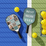 Mom We Love You | Modern 8 Photo Colour Block  Pickleball Paddle<br><div class="desc">Customize this unique pickleball paddle with 8 square photos arranged in a grid collage layout. Featuring "Mom" going diagonal on ombre sage green squares and additional square on the bottom for a custom message. Keep "we love you" as is or change to your custom endearment. All colours can be changed....</div>
