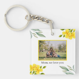 Mom We Love You Yellow Floral Photo Keychain