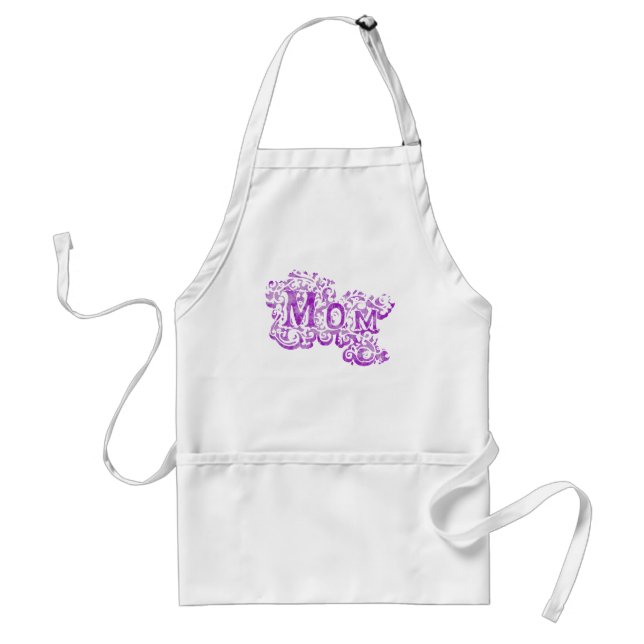 "Mom" white and purple graphic cooks apron (Front)