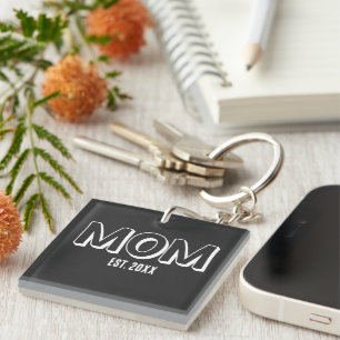 Mom White Minimal Typography Established Year Keychain