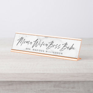 Mom, Wife, Boss Babe Trendy Brush Script & Marble Desk Name Plate