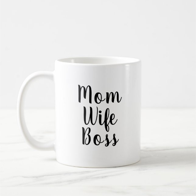 Mom wife boss black white custom script text cute coffee mug (Left)
