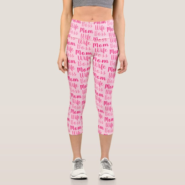 Mom wife boss light pink custom script pattern  capri leggings (Front)