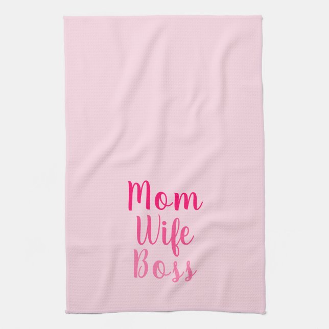 Mom wife boss pink gradient custom script stylish kitchen towel (Vertical)