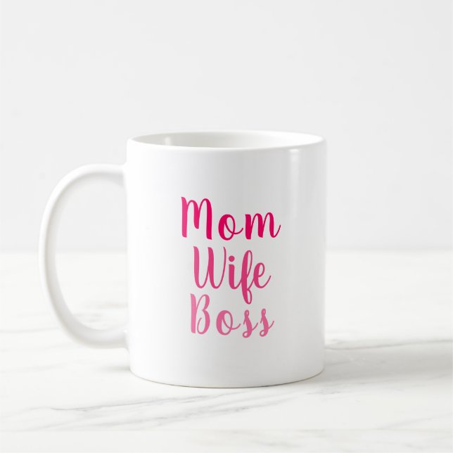 Mom wife boss pink white custom script stylish coffee mug (Left)