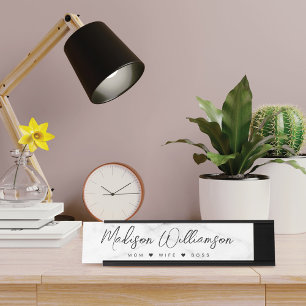 Mom, Wife, Boss Trendy Brush Script Faux Marble Desk Name Plate