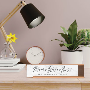 Mom, Wife, Boss Trendy Brush Script & White Marble Desk Name Plate