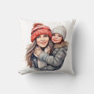 Mom with daughter winter fashion throw pillow