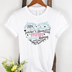 Mom Word Cloud Blue and Pink Heart T-Shirt