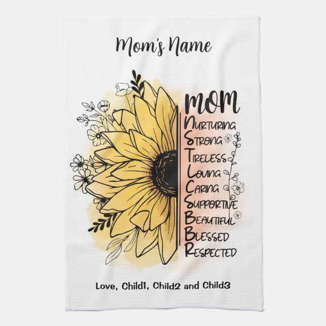 Mom Words Personalized Dahlia Flower Kids Mom Name Kitchen Towel (Vertical)