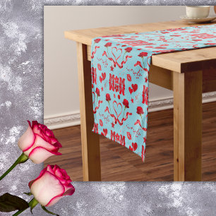 MOM/WOW: A Love Letter in Red on blue Short Table Runner