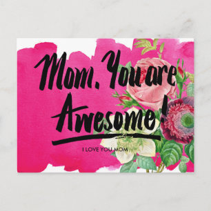Mom, You Are Awesome Vintage Botany Calligraphy Postcard