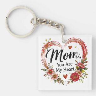Mom You Are My Heart Floral Heart Keychain