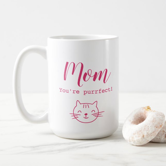 "Mom, you're purrfect" funny cute cat lover's  Coffee Mug (With Donut)