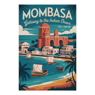 Mombasa Kenya Retro Travel Poster Art