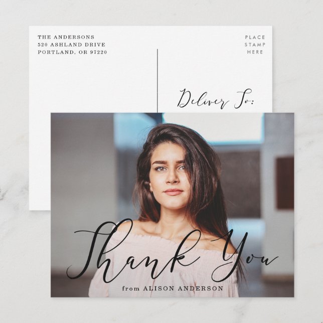 Momentous Black Script Photo Graduation Thank You Postcard (Front/Back)