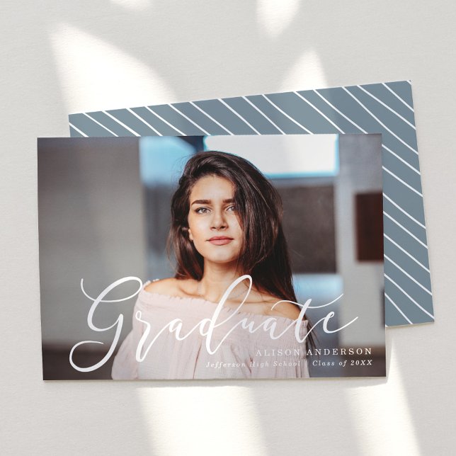 Momentous Script Slate Blue Graduation Photo Announcement (Creator Uploaded)