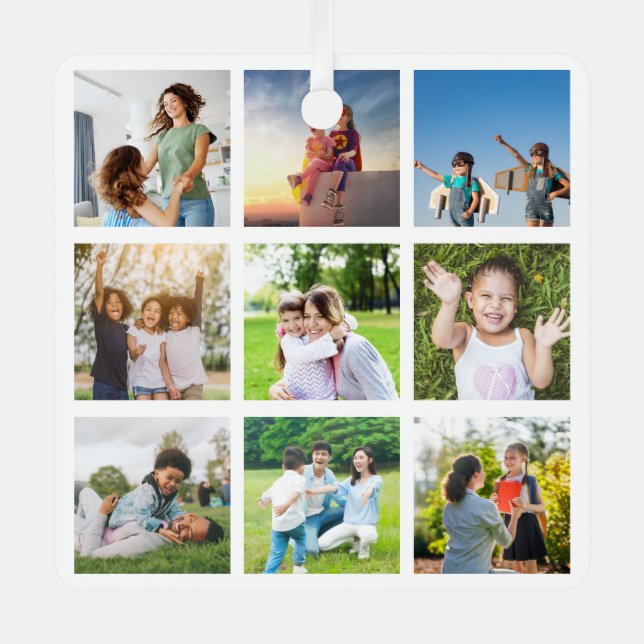 Moments Treasured: Customizable 9 Photo Collage Metal Ornament (Front)
