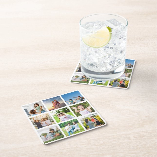 Moments Treasured: Customizable 9 Photo Collage Square Paper Coaster (Insitu)