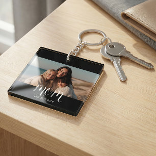 MomEstablishedBlack White Script Photo Keychain