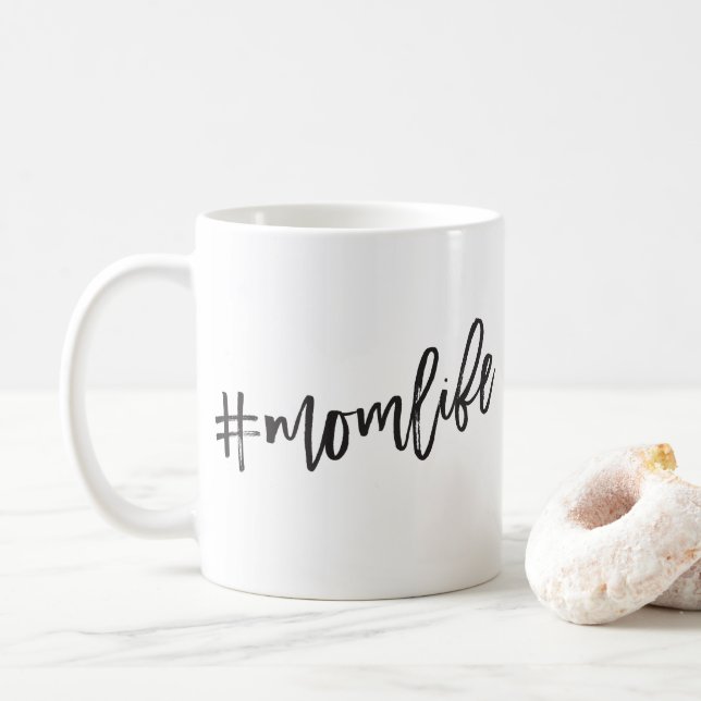 #MOMLIFE black minimal script funny quote Coffee Mug (With Donut)