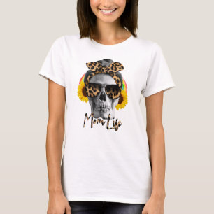 Momlife Funny Mom Skull with Leopard Spots Bow T-Shirt