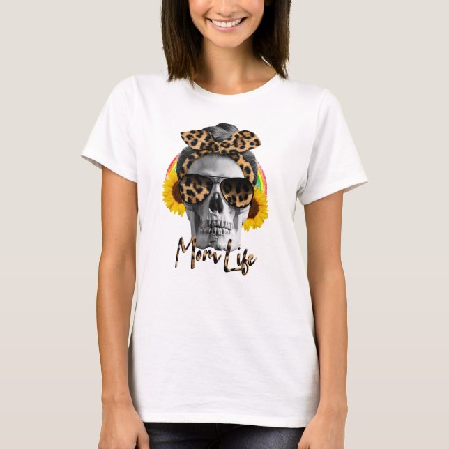 Momlife Funny Mom Skull with Leopard Spots Bow T-Shirt (Front)