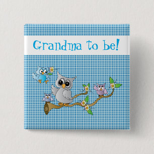 Momma & Baby Owls on a Blue Plaid   Grandma to be 2 Inch Square Button