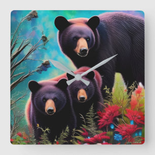 Momma Bear and cubs Square Wall Clock