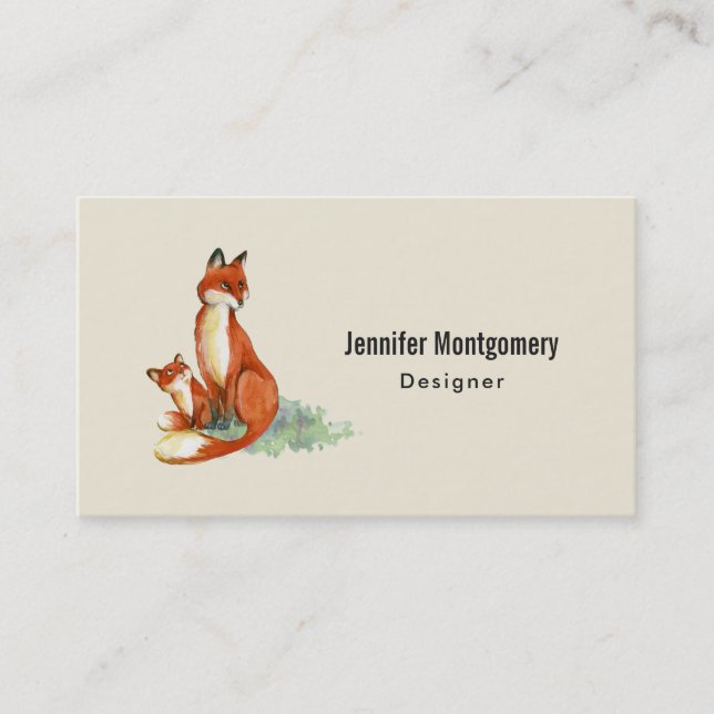 Momma Fox and Baby Watercolor Illustration Calling Card (Front)