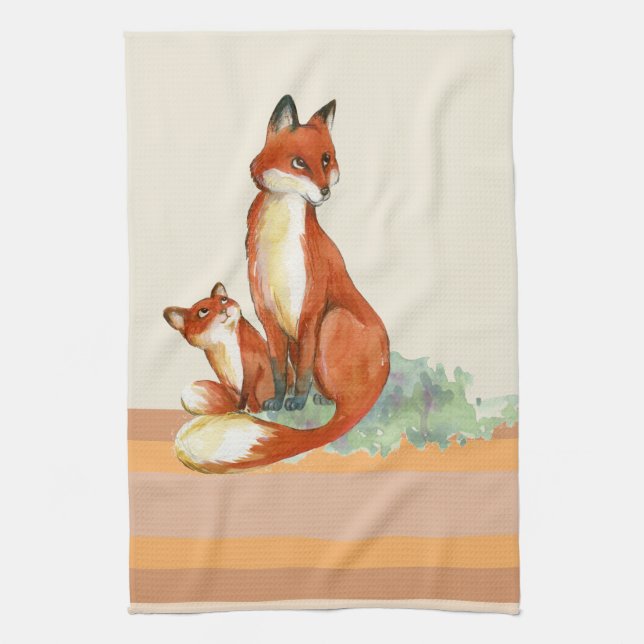 Momma Fox and Baby Watercolor Illustration Kitchen Towel (Vertical)
