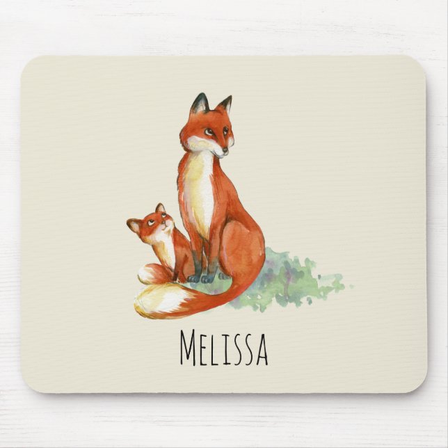 Momma Fox and Baby Watercolor Illustration Mouse Pad (Front)