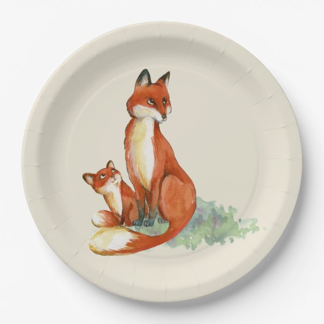 Momma Fox and Baby Watercolor Illustration Paper Plate (Front)