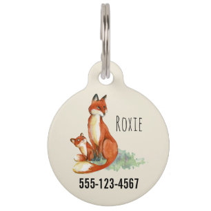 Momma Fox and Baby Watercolor Illustration Pet Tag