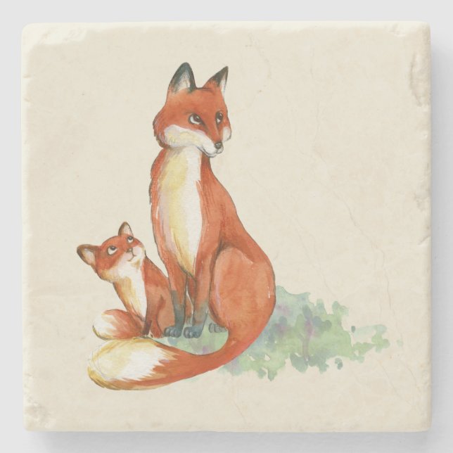 Momma Fox and Baby Watercolor Illustration Stone Coaster (Front)