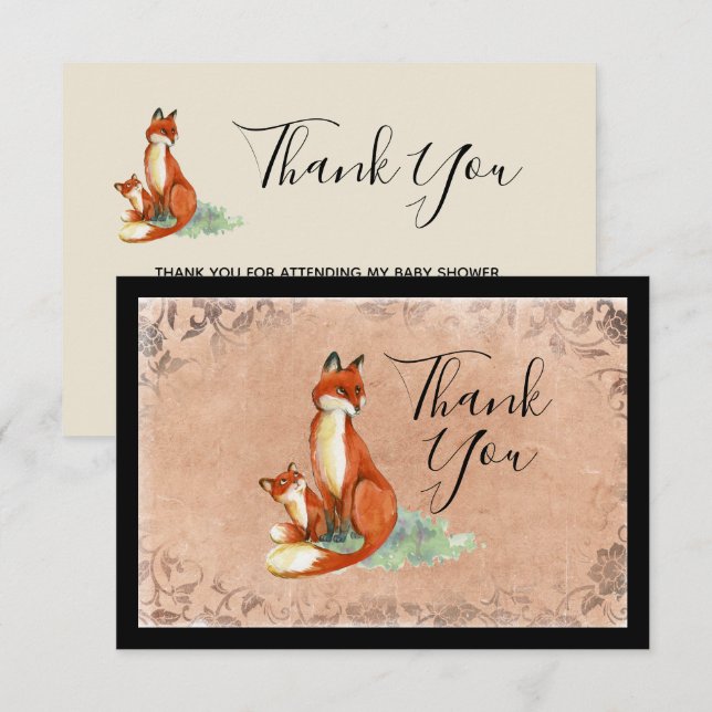 Momma Fox and Baby Watercolor Illustration Thanks Invitation (Front/Back)
