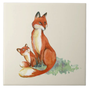 Momma Fox and Baby Watercolor Illustration Tile