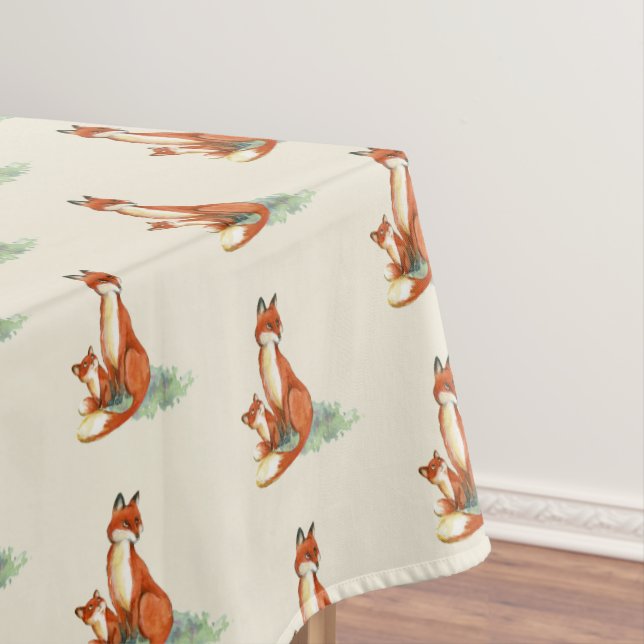 Momma Fox and Baby Watercolor Pattern Tablecloth (In Situ)